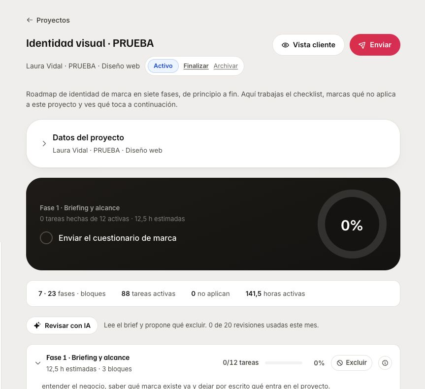 Vista real de un proyecto de identidad visual dentro de Roadmade, con su estado, fases, tareas y horas.