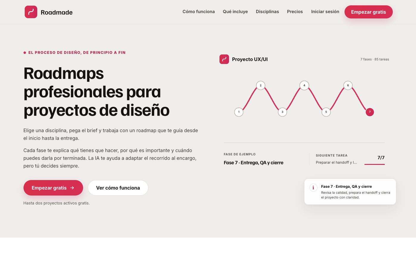 Onepage de Roadmade mostrando la fase de entrega, QA y cierre del roadmap UX/UI.