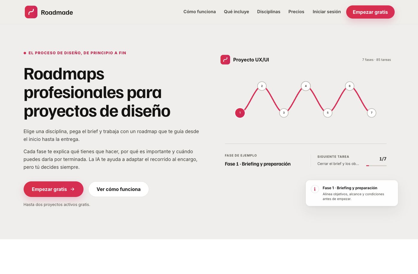 Onepage de Roadmade mostrando la fase de briefing y preparación del roadmap UX/UI.