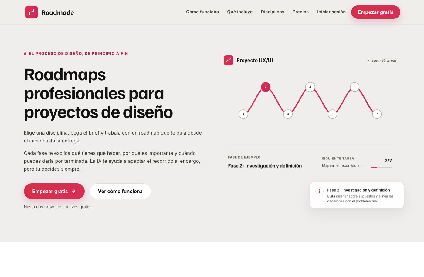 Onepage de Roadmade mostrando la fase de investigación y definición del roadmap UX/UI.
