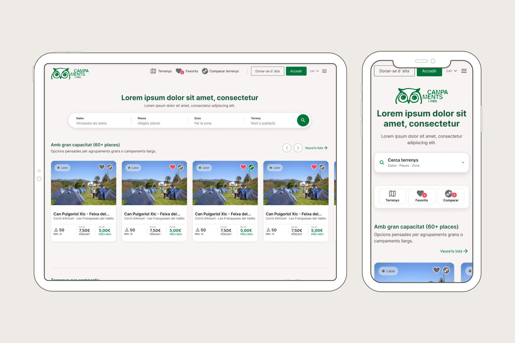 Home de Campaments i Més en tablet y móvil, presentada con dispositivos blancos y lineales