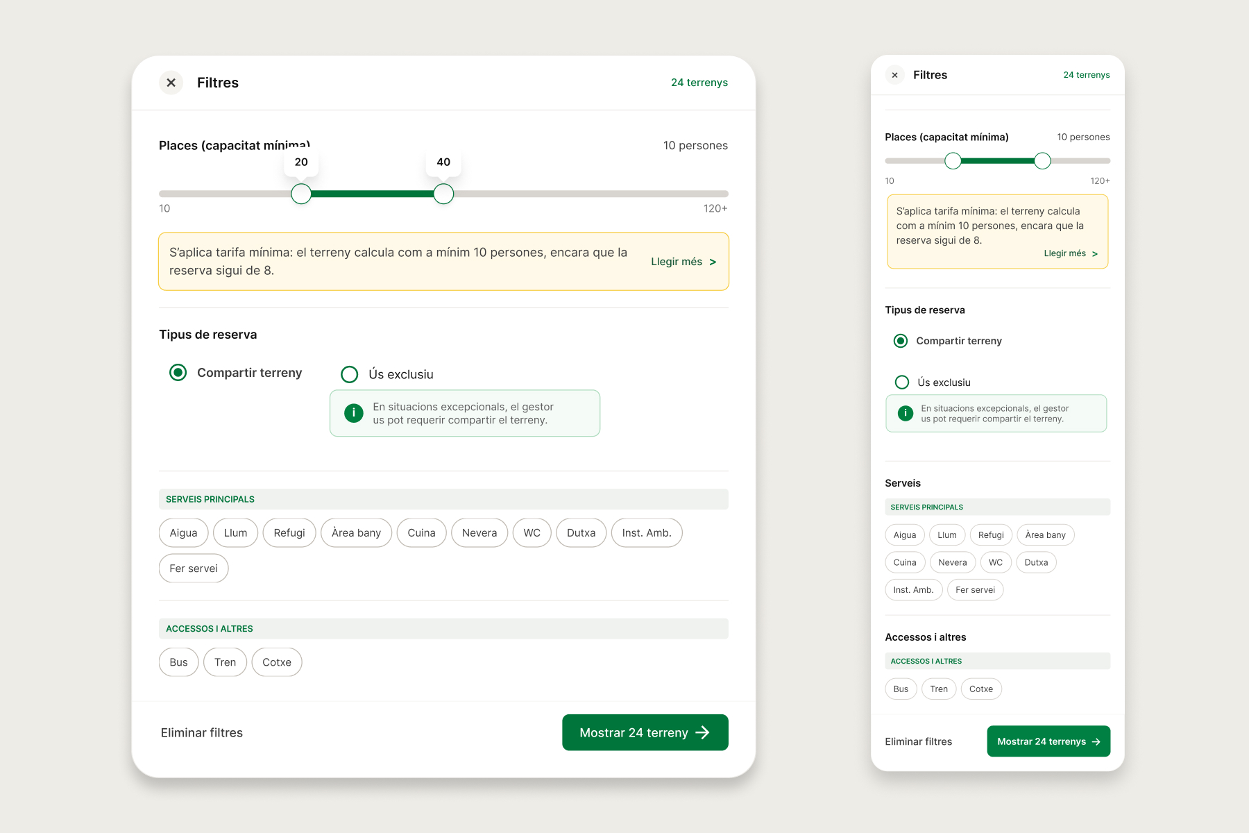 Filtros de capacidad, tipo de reserva, servicios y accesos en escritorio y móvil
