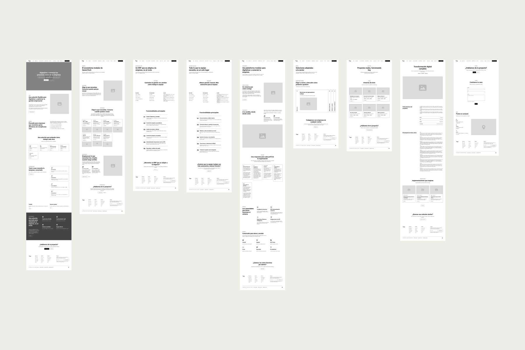 Nueve wireframes de GaremTech: inicio, soluciones, ERP, Portal del Empleado, producto, sectores, listado y detalle de casos y contacto