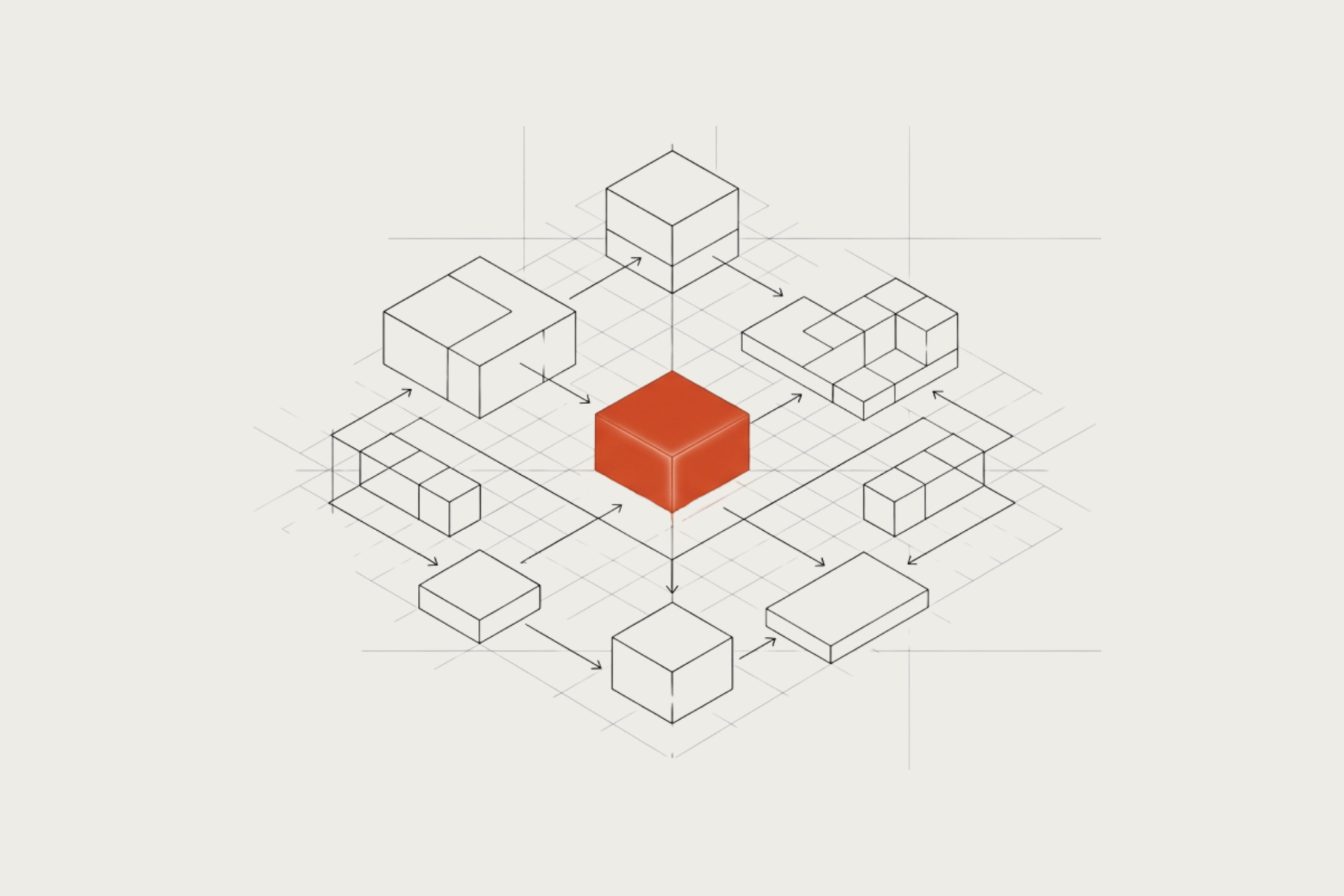 Ilustración modular de GaremTech con un núcleo naranja y módulos de trazo lineal