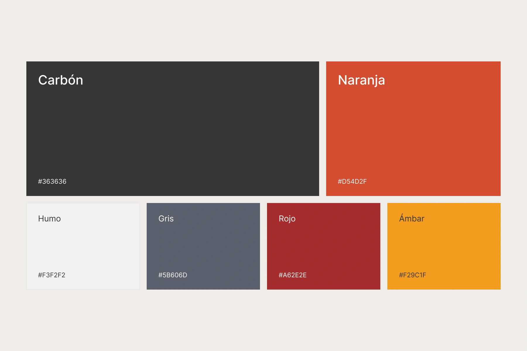 Paleta de GaremTech sin logotipos, con carbón y naranja principales, humo, gris, rojo y ámbar de apoyo; nombres y códigos alineados.