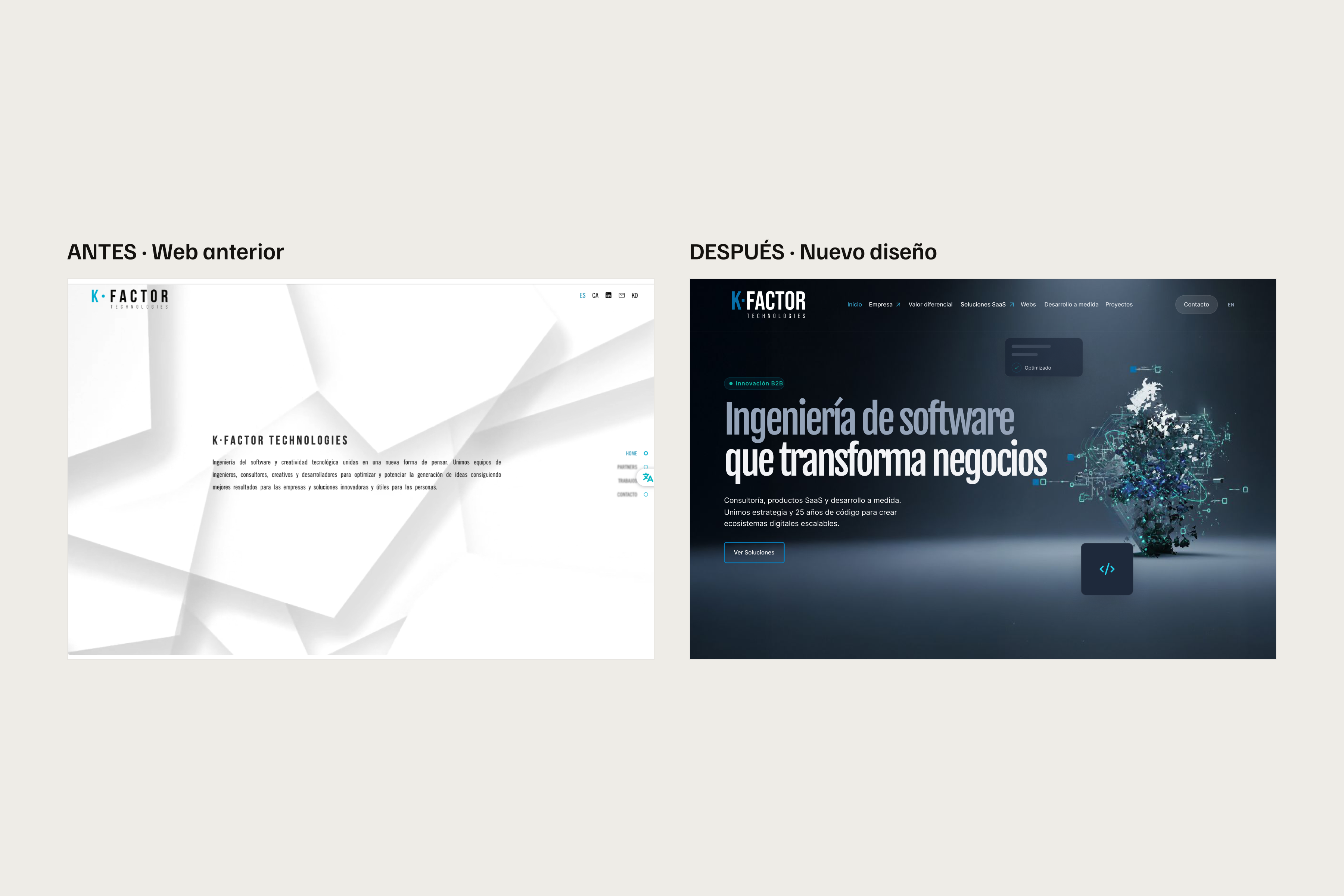 Antes y después de la cabecera de KFactor: web anterior y nuevo diseño con navegación por servicios y productos