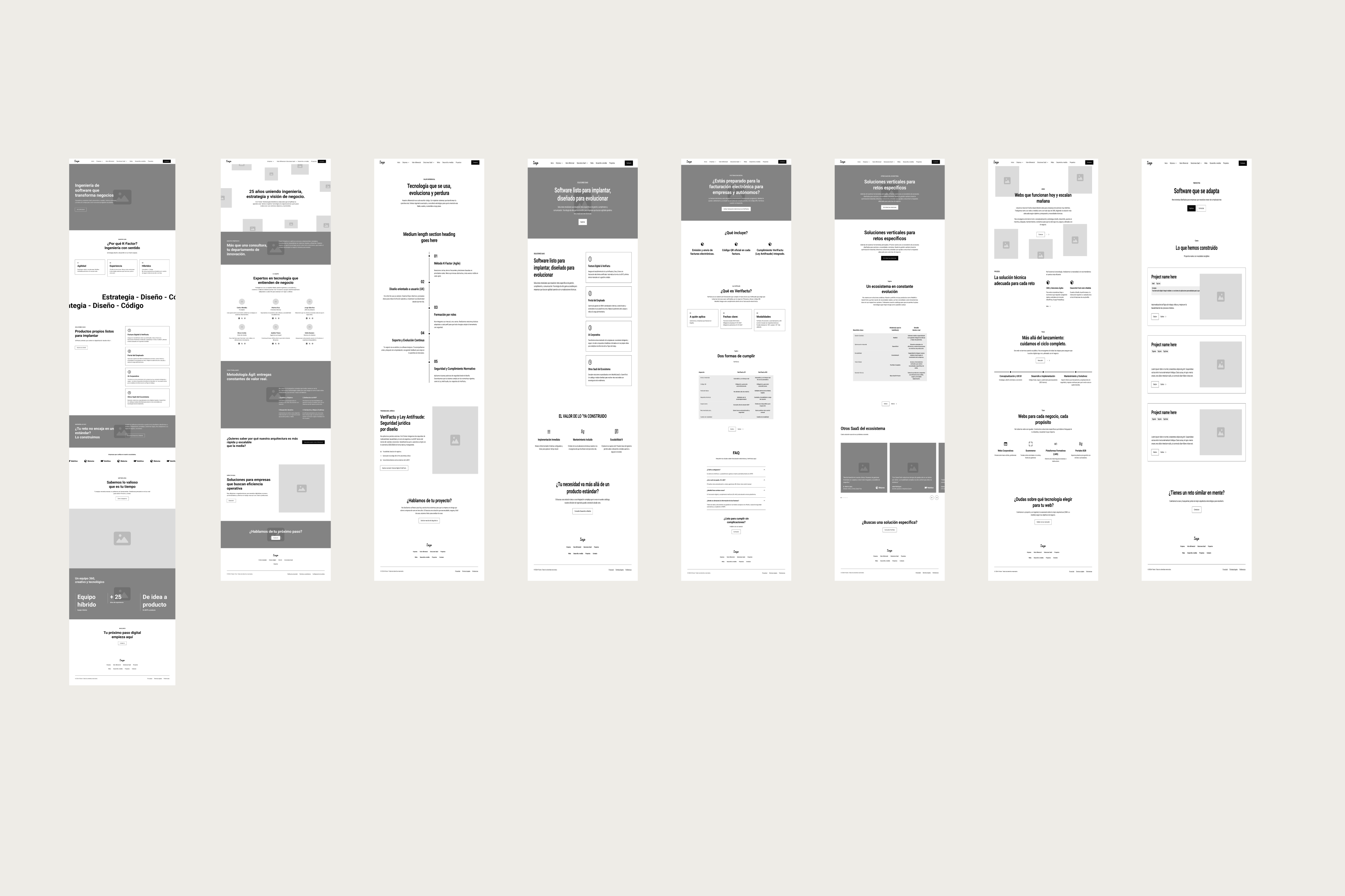 Wireframes de ocho páginas de KFactor, con la home, empresa, valor diferencial y sus líneas de oferta
