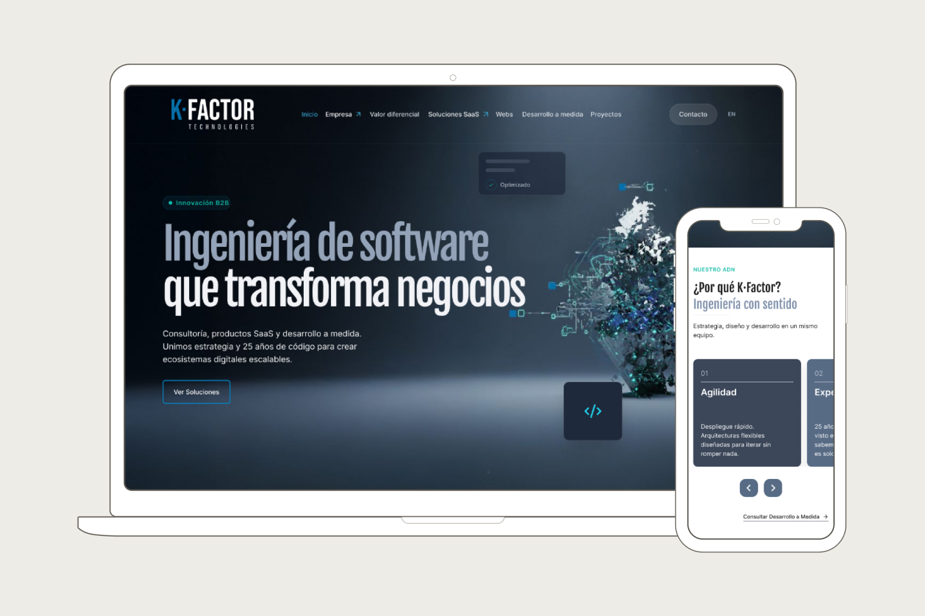 Diseño de la web de K·Factor: hero de la home en portátil y sección Por qué K·Factor en móvil