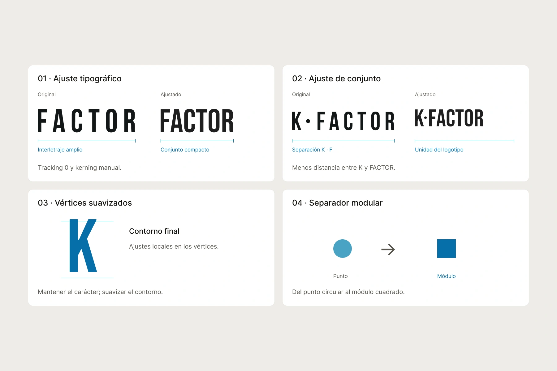 Ajustes del logotipo: espaciado, proximidad de la K, vértices y separador cuadrado