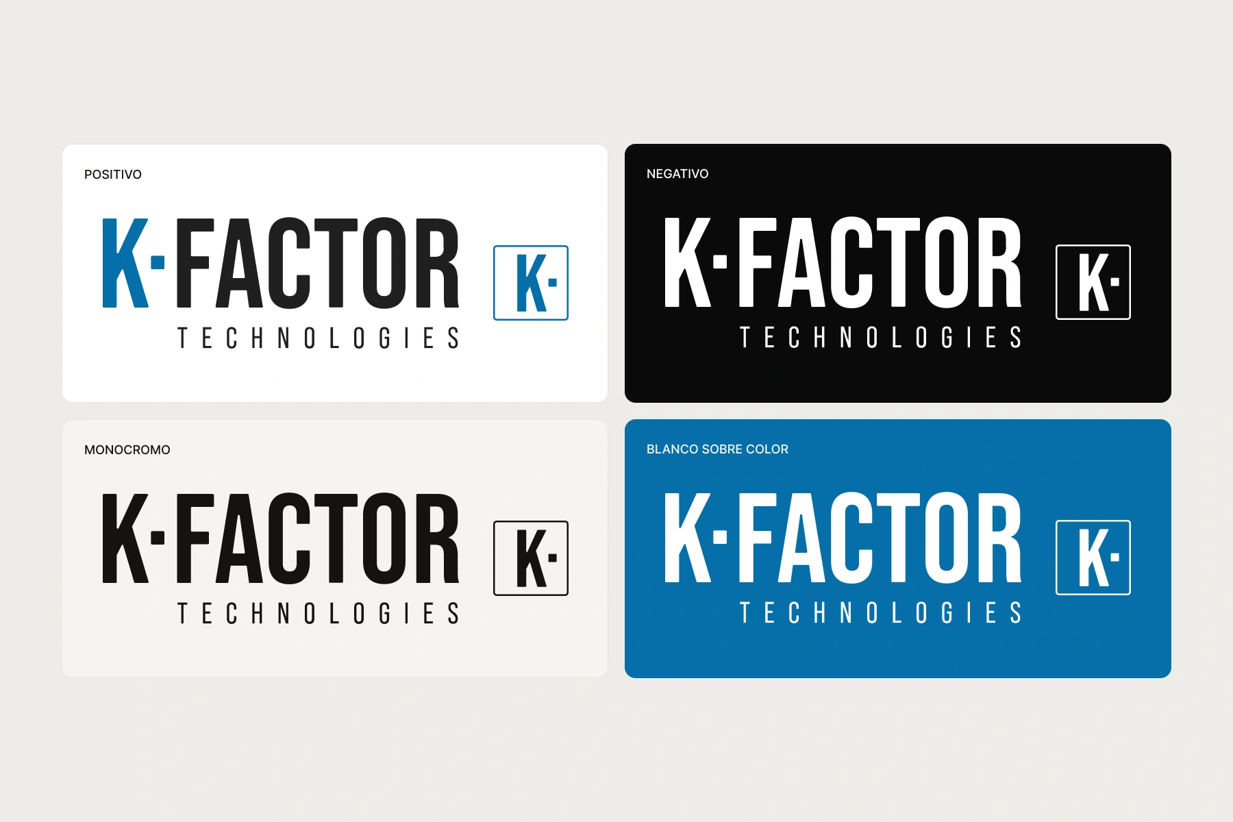 Logotipo e isotipo de K·Factor en positivo, negativo, monocromo y sobre azul