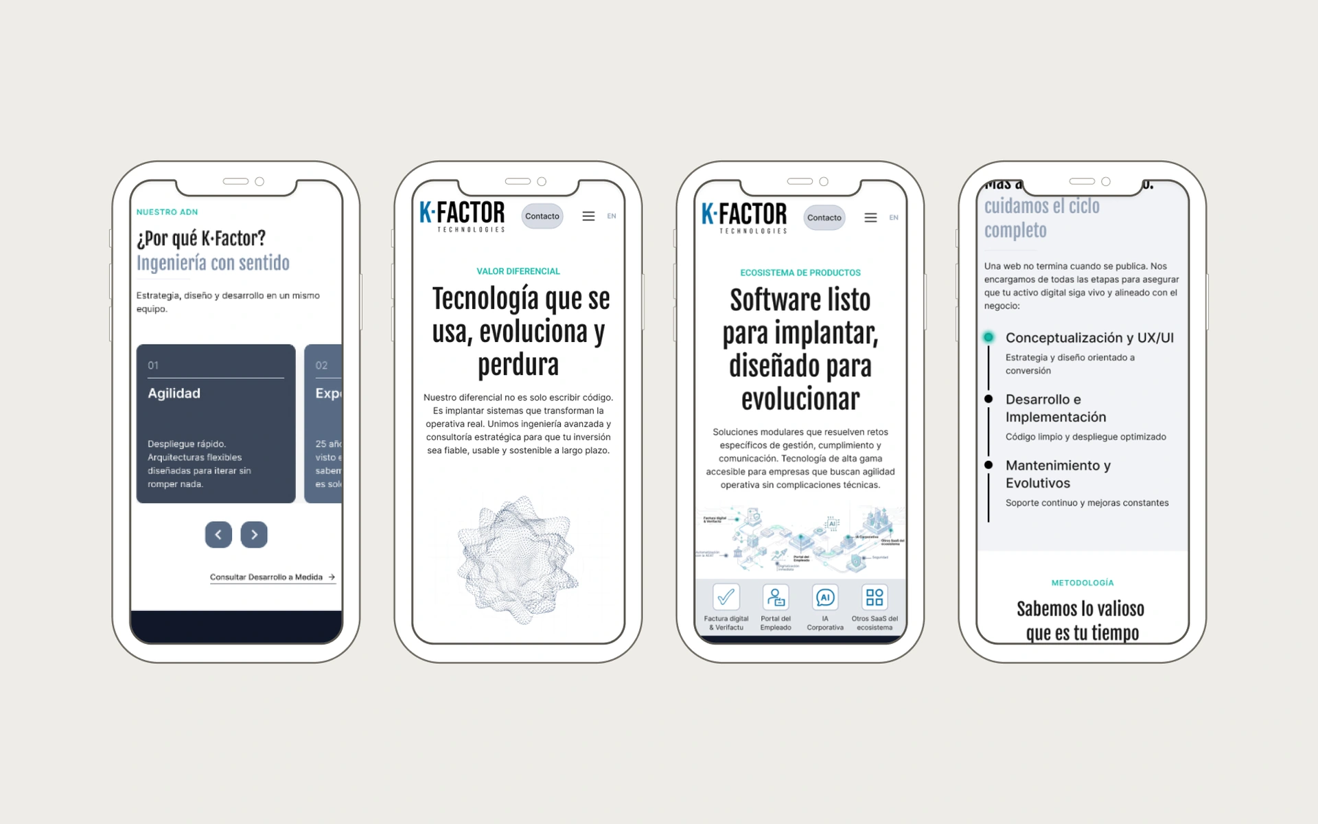 Pantallas móviles de K·Factor: Nuestro ADN, Valor diferencial, Soluciones SaaS y Proceso completo