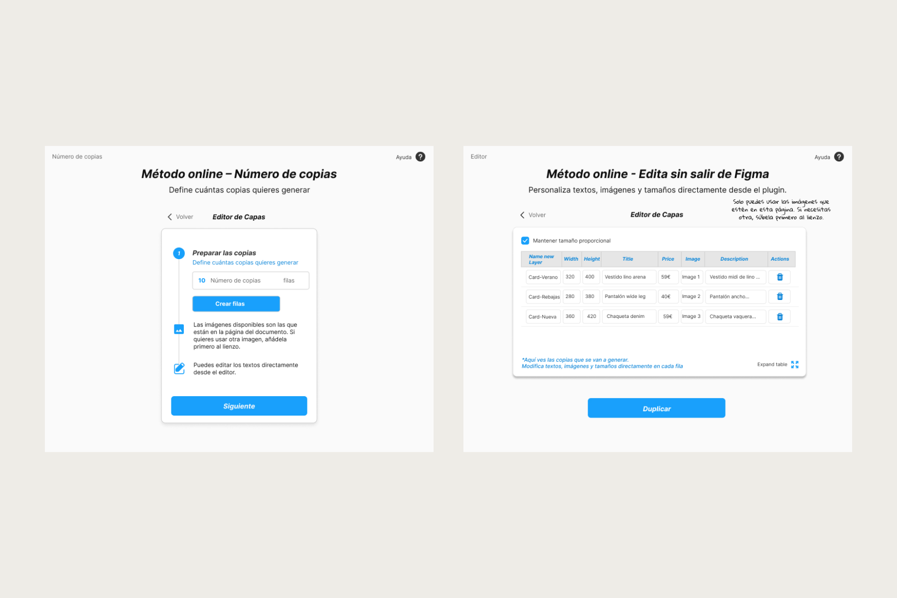 Número de copias y editor de textos, medidas e imágenes dentro de Figma