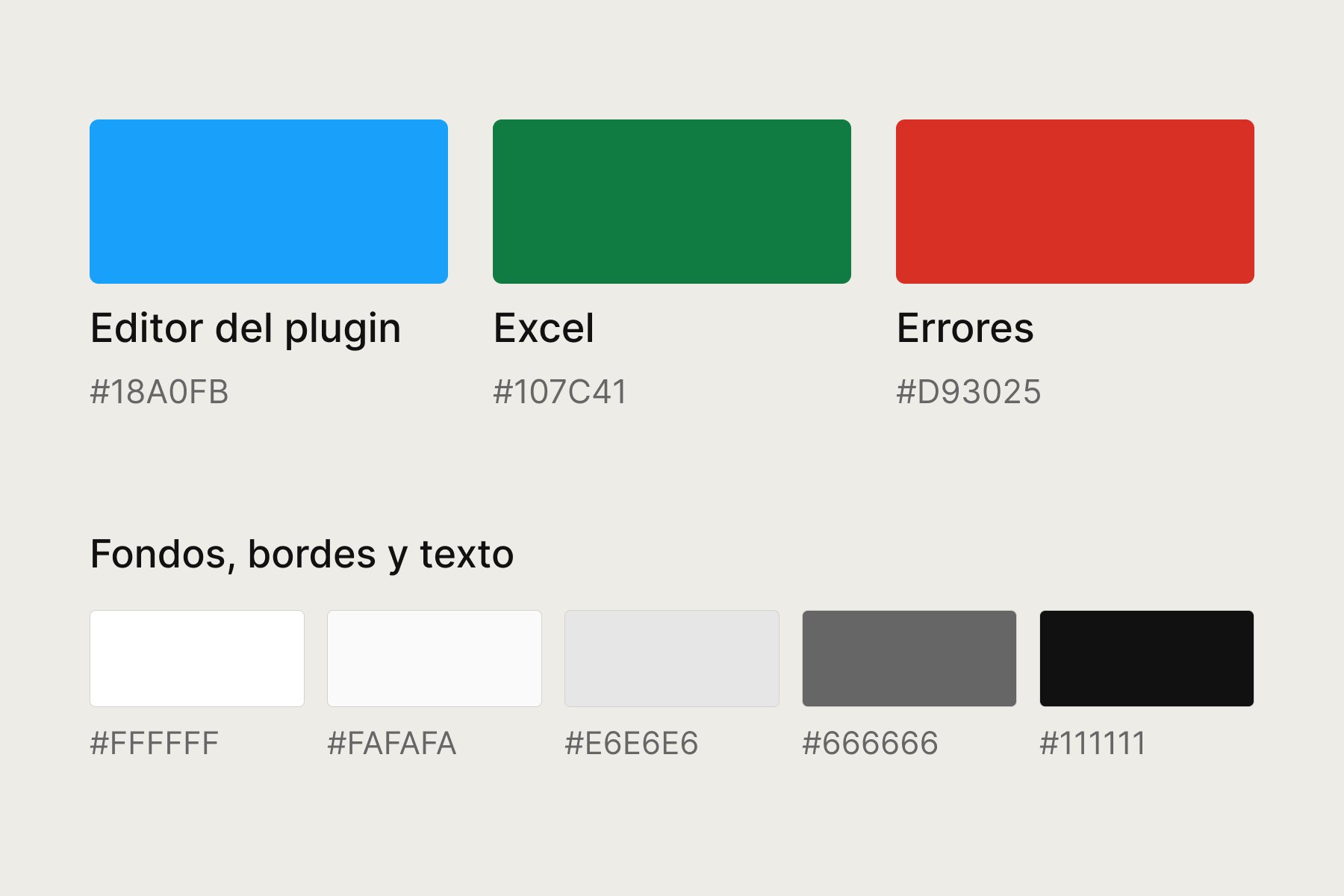 Azul para el editor, verde para Excel, rojo para errores y colores neutros de la interfaz