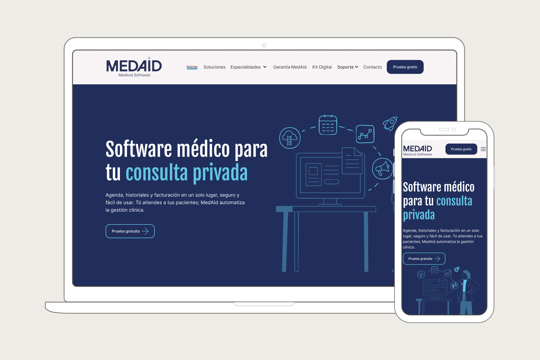 La misma cabecera de MedAid en portátil y móvil, con navegación compacta y acceso a la prueba gratuita