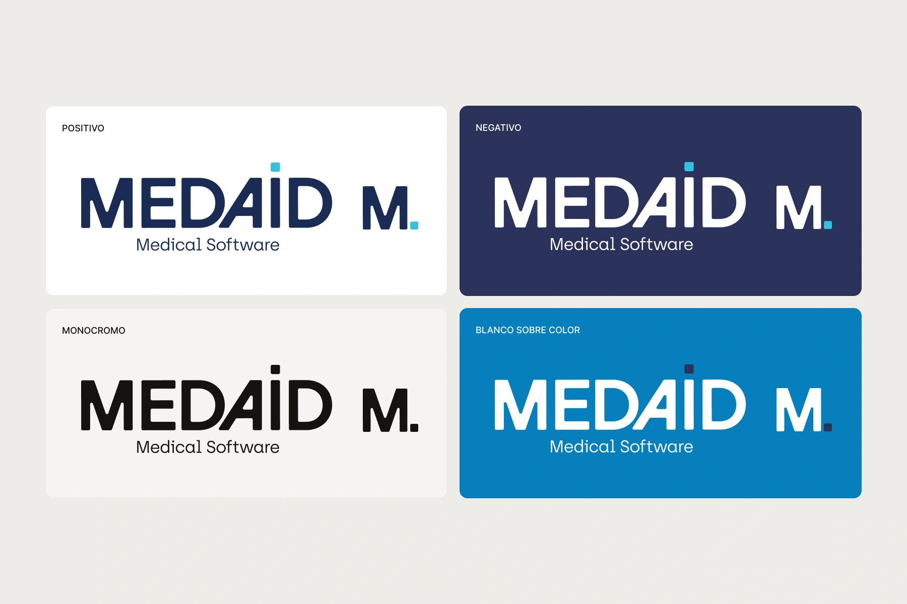 Logotipo e isotipo de MedAid en positivo, negativo, monocromo y blanco sobre azul. El acento azul se conserva en positivo y negativo.