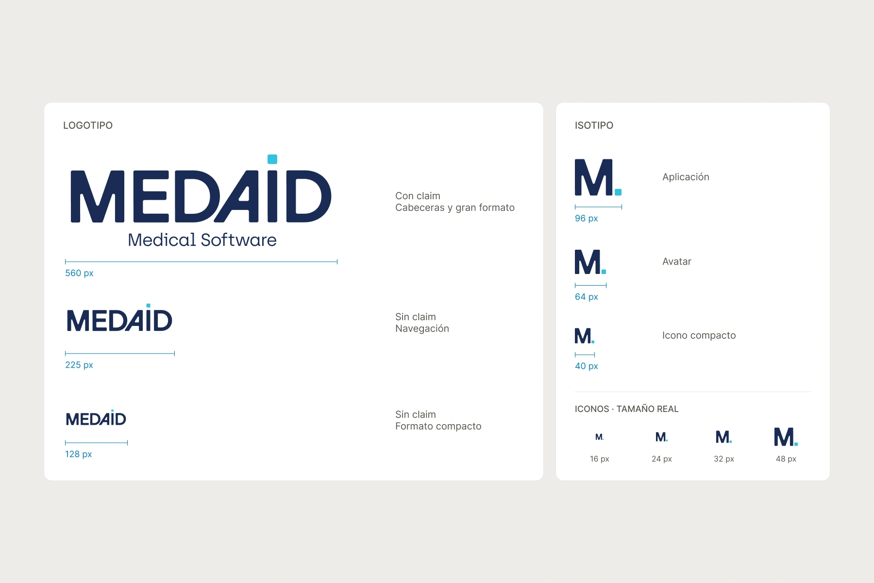 MedAid a 560 px con claim; versiones de 225 y 128 px sin claim. Isotipo para aplicación, avatar e iconos a tamaño real.