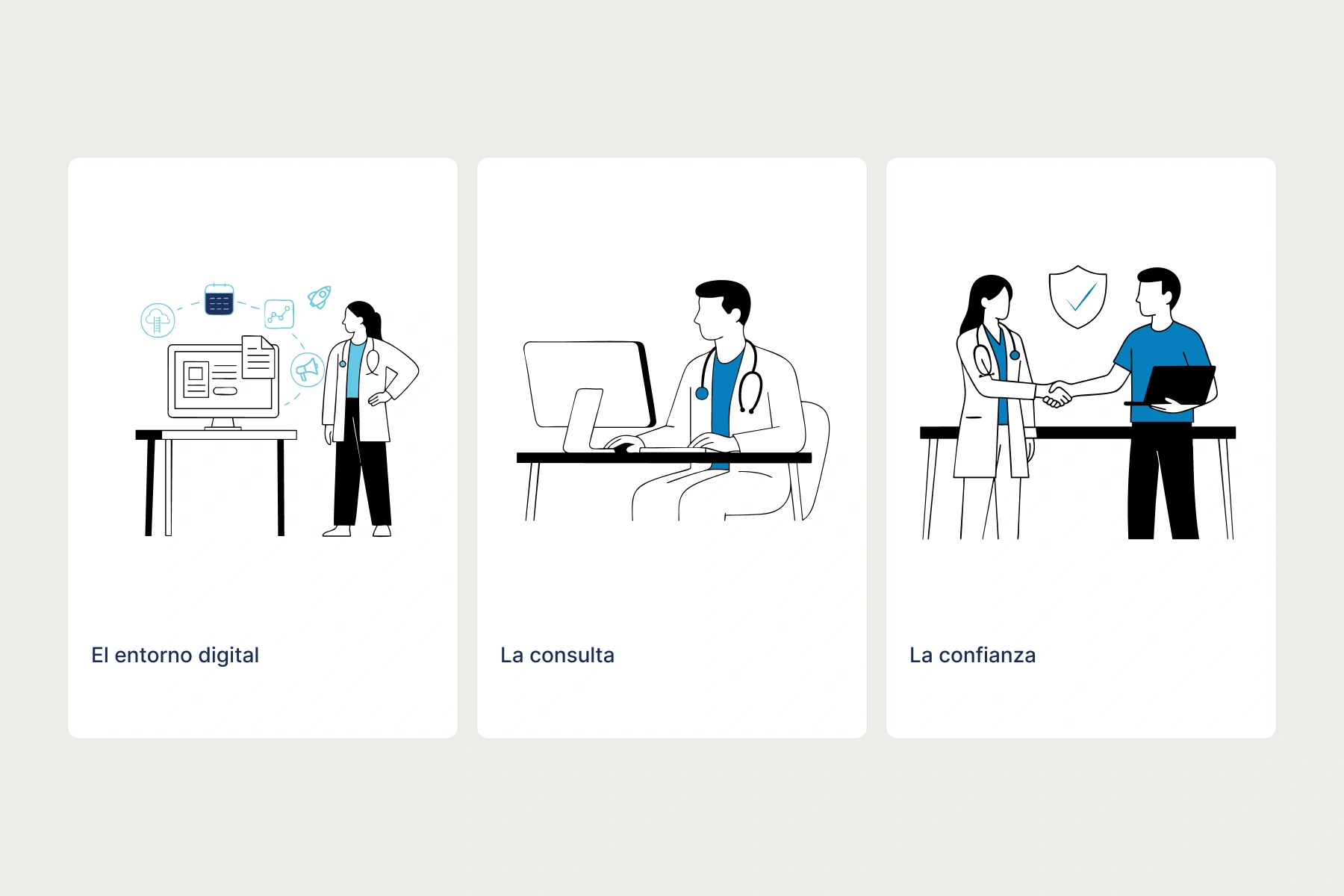 Tres ilustraciones originales de MedAid: entorno digital, consulta y confianza.