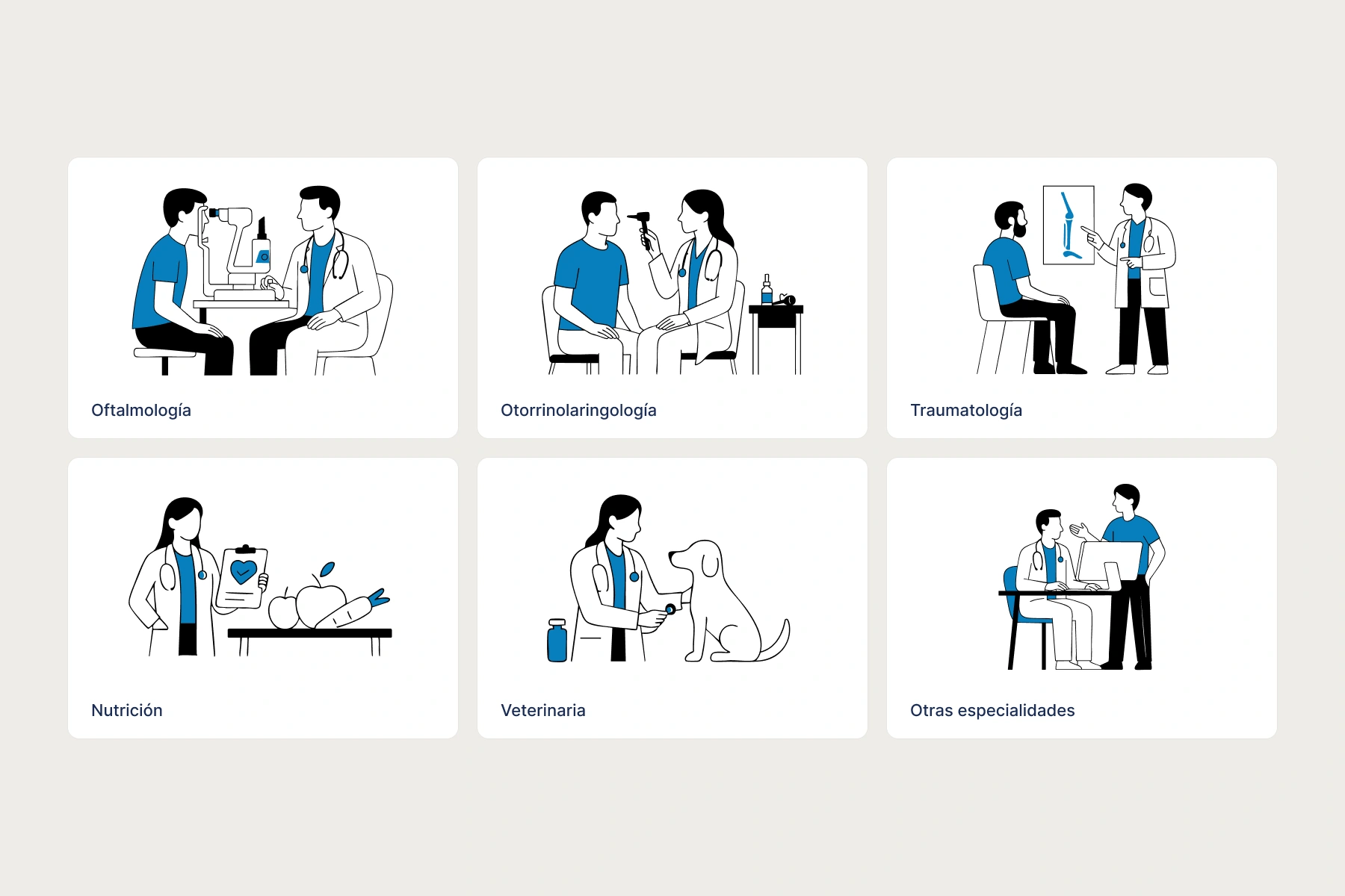 Ilustraciones originales de seis especialidades de MedAid: oftalmología, otorrinolaringología, traumatología, nutrición, veterinaria y otras especialidades.