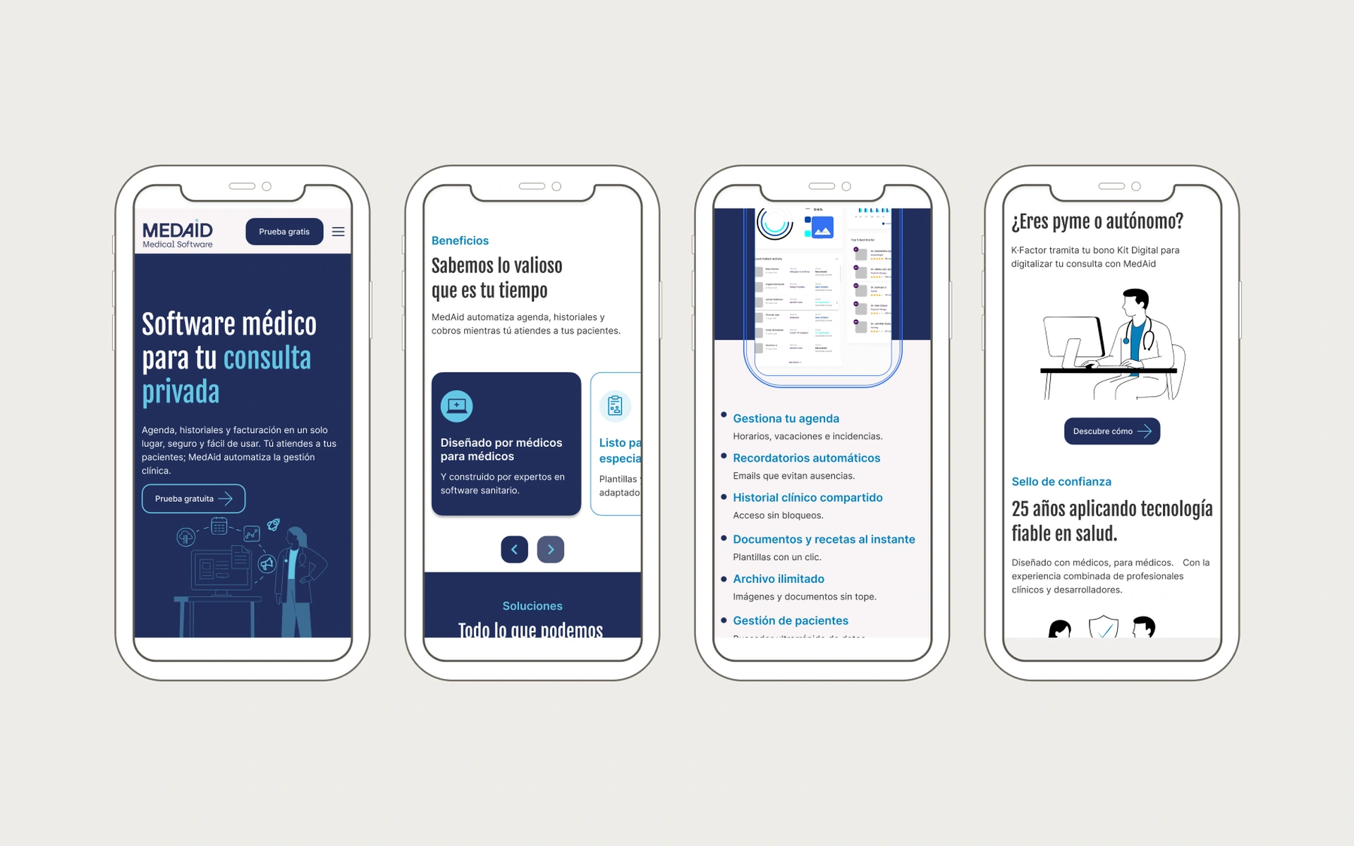 Aplicación de la identidad de MedAid a sus pantallas reales de web, en móvil.