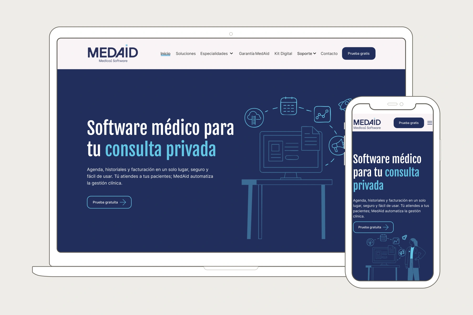 Aplicación de la identidad de MedAid a sus pantallas reales de web, en escritorio y móvil.