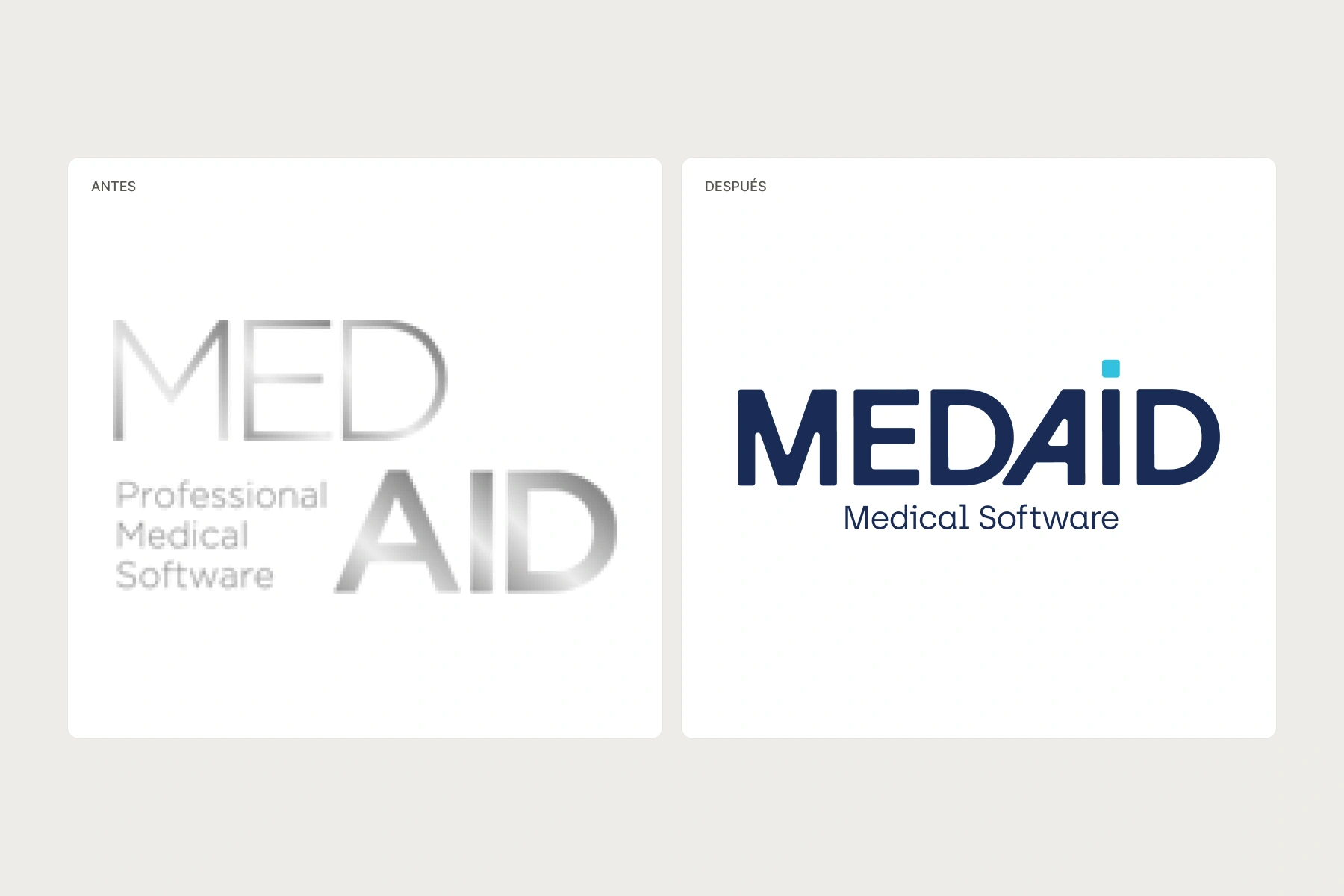 Antes y después de MedAid: logotipo anterior plateado y rediseño actual con Medical Software.