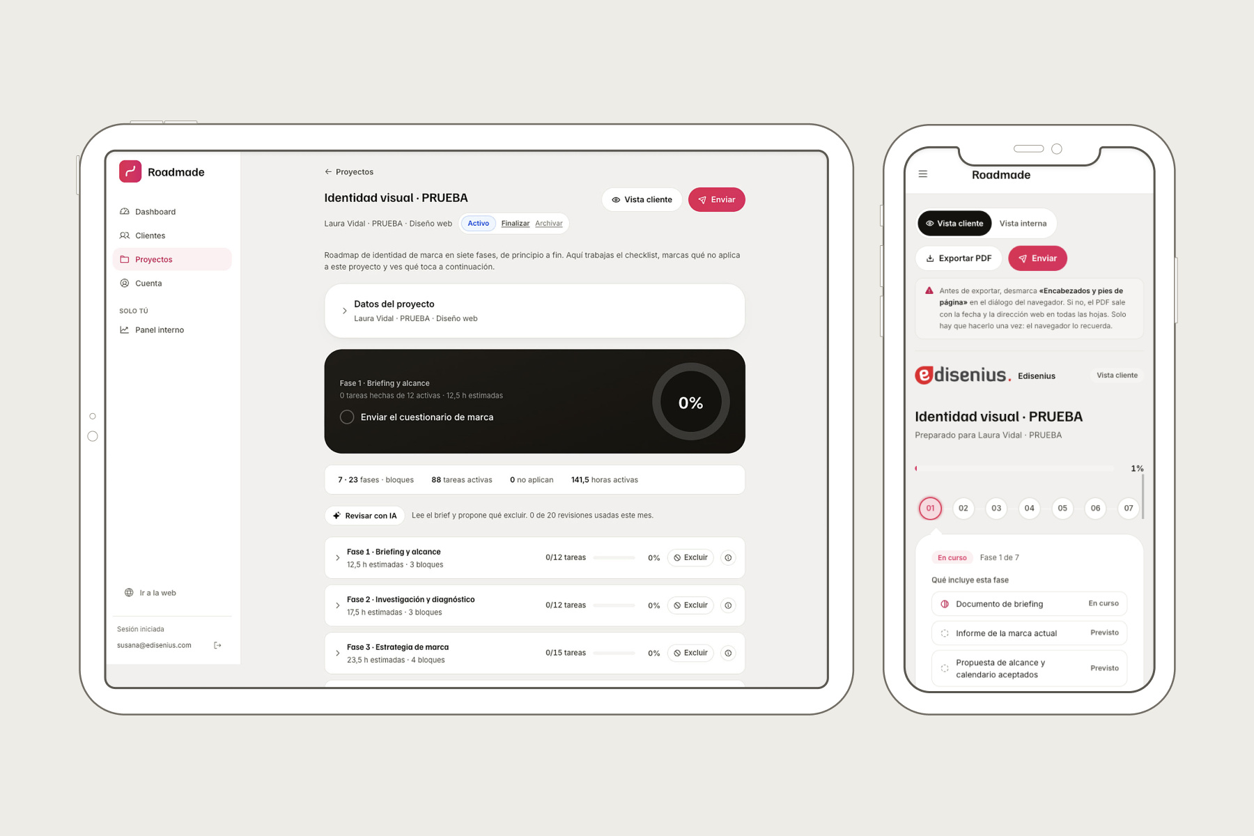 Roadmade en escritorio y móvil: gestión del proyecto y vista para el cliente
