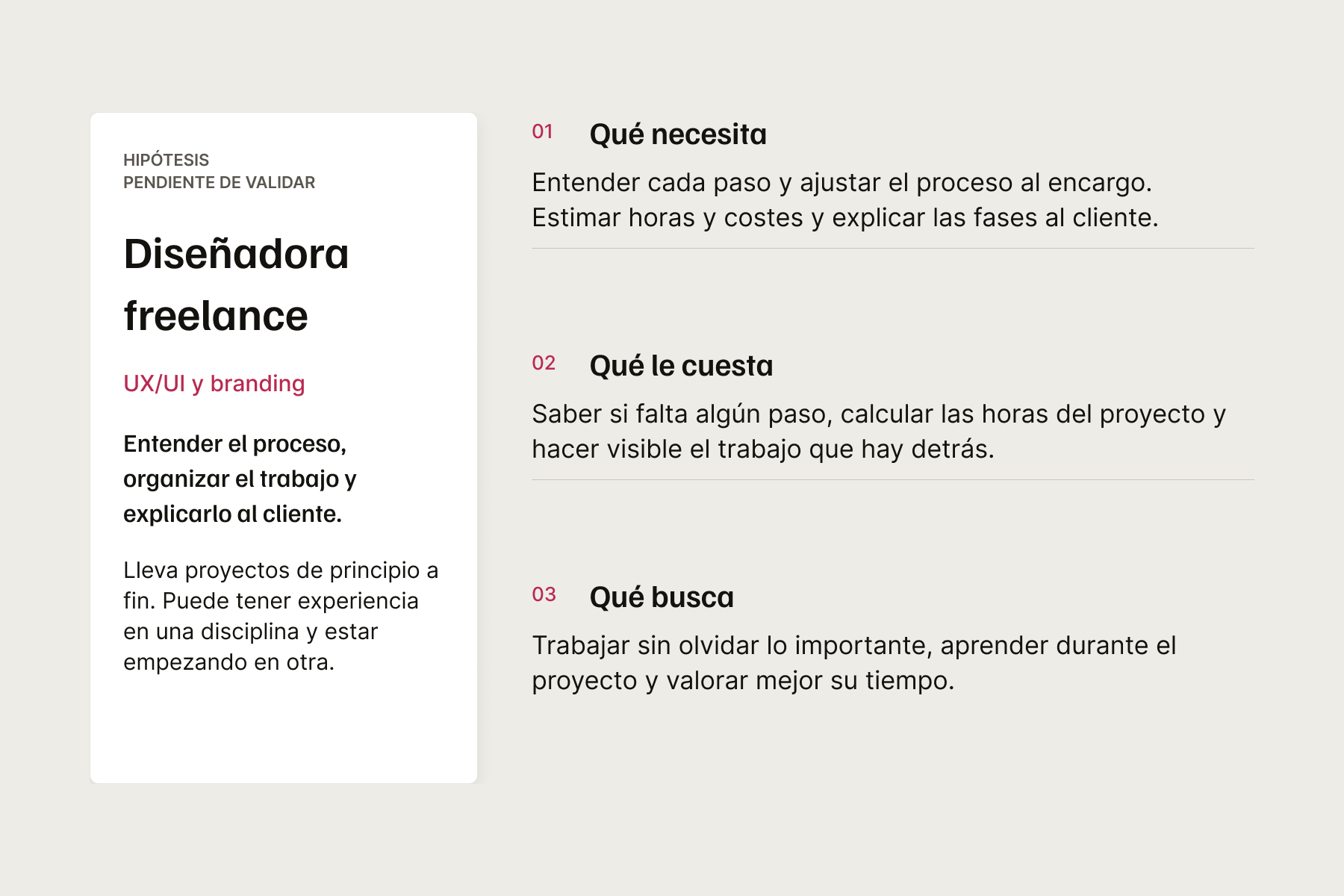 Perfil de referencia de una diseñadora freelance con sus necesidades, frustraciones y objetivos