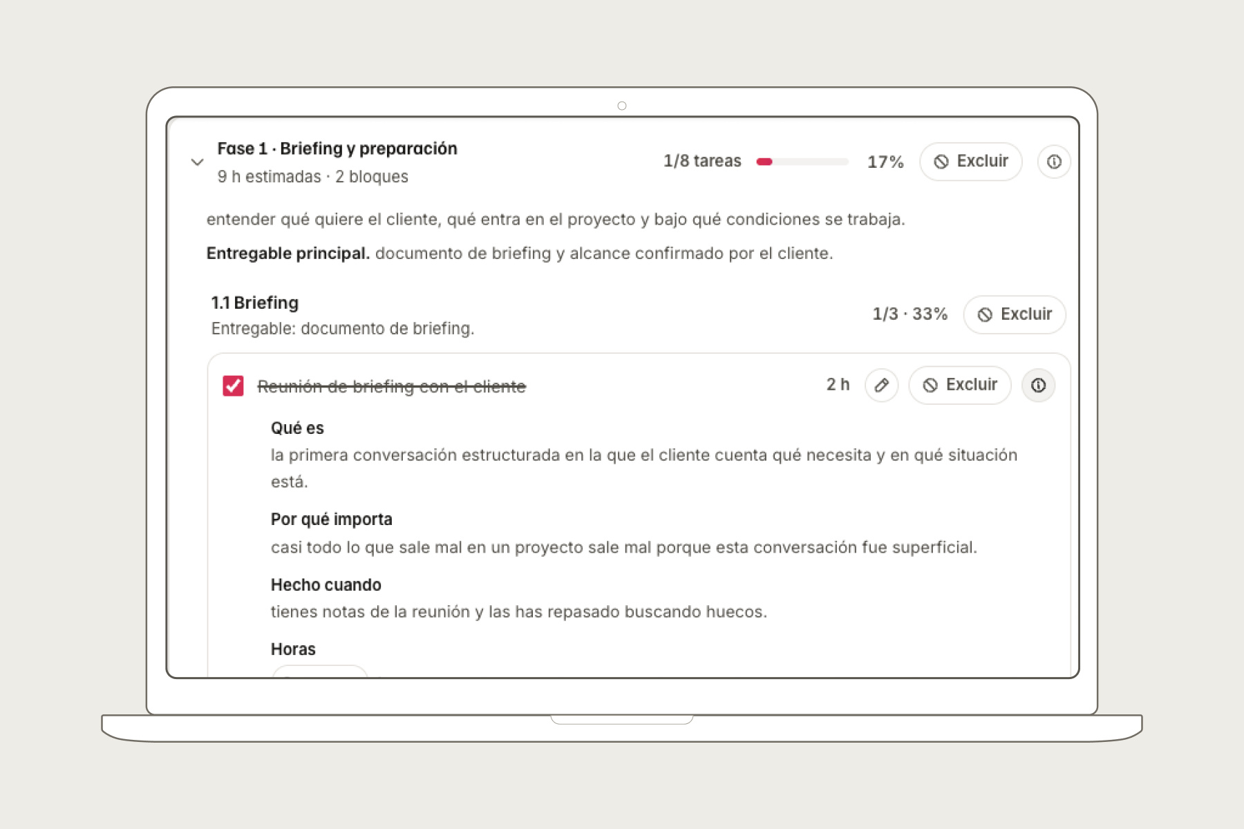 Fase del roadmap de Roadmade con bloques, tareas y ayuda contextual