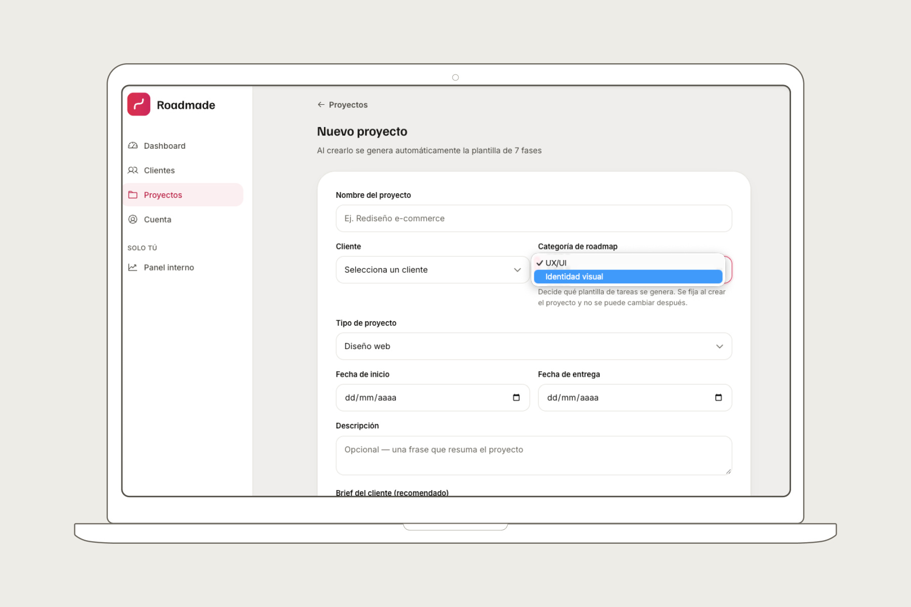 Selección de la disciplina UX/UI o branding al crear un proyecto en Roadmade