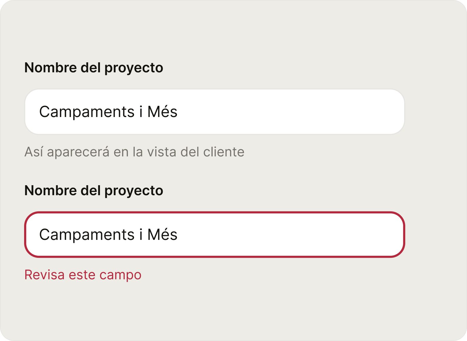 Campos y validación del sistema de diseño de Roadmade