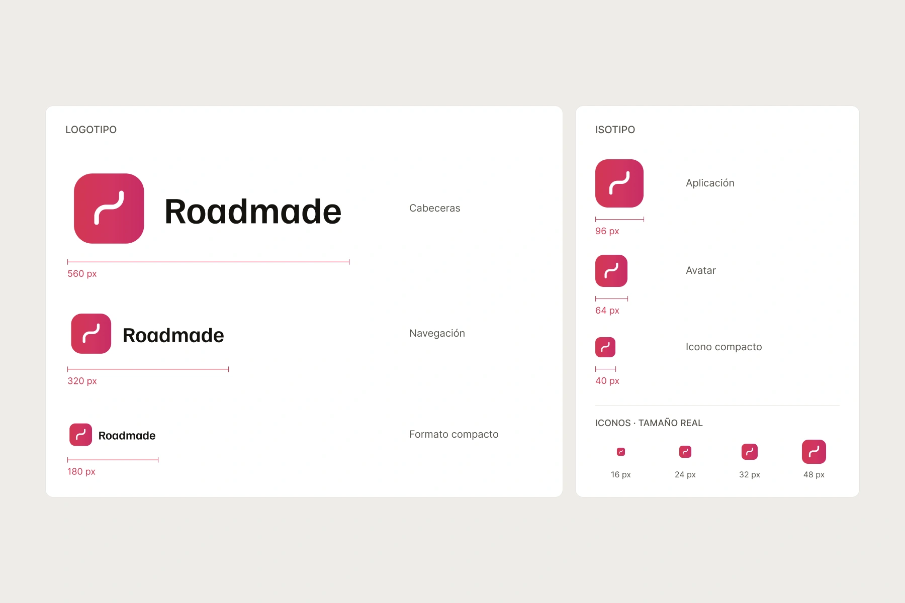 El logotipo y el símbolo en distintos tamaños de Roadmade